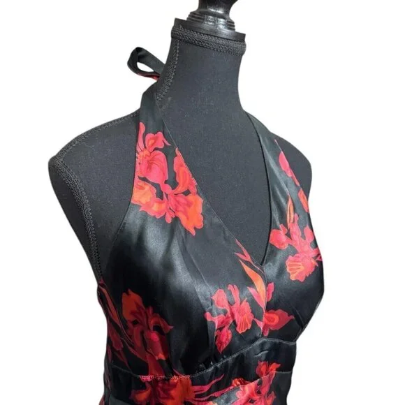 Vintage Y2K Floral Halter Cocktail Dress, Satin Asymmetrical Tiered Hem - Picture 5 of 10